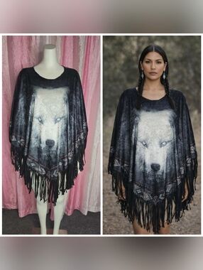Wolf Native American Graphic Black Velvet Fringe Aztec Poncho One Size